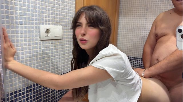 Creampie in my hairy pussy, my stepfather fills me with semen in the bathroom while his friends are in the living room